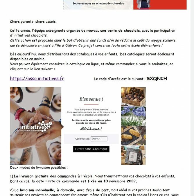 Vente de chocolats au profit de l&rsquo;école élémentaire